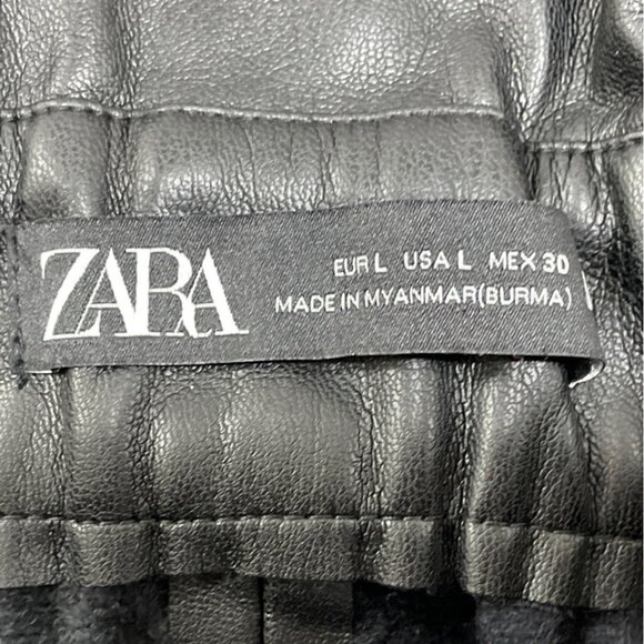 Zara Womens Black Leather A-Line Mini Skirt With Paperbag Waist Size L - Picture 5 of 7